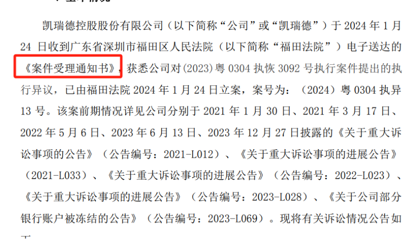 瑞德,異議,立案,執行,提出 凱瑞德涉訴訟 提出的執行異議已立案